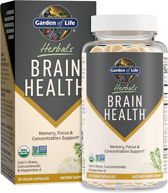 Garden of Life Brain Health Supplement with Organic Lion’s Mane &amp Turmeric Non-GMO Gluten-Free Mint Flavor - for Memory Focus &amp Healthy Brain Function