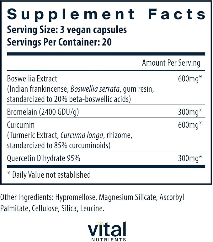 Vital Nutrients BCQ - Vegan Boswellia Bromelain Curcumin &amp Quercetin Supplement - Joint Support Supplement - Supports Sinus &amp Digestive Health - Gluten Dairy Soy Free - 60 Capsules
