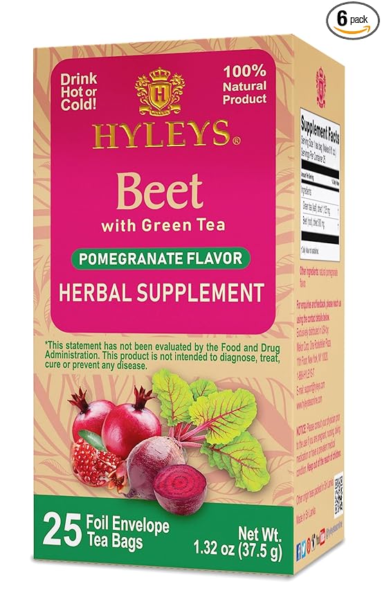 Hyleys Beet &amp Green Tea with Natural Pomegranate Flavor - Herbal Energy Tea - Supports Focus - 25 Tea Bags - (6 Pack - 150 Tea Bags Total)