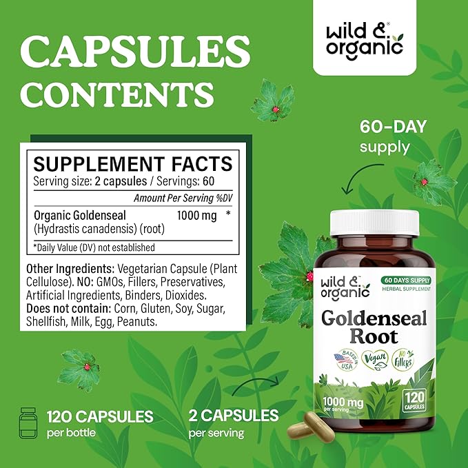 Wild &amp Organic Goldenseal Root Capsules 1000mg - Immune &amp Lung Support - 120 Goldenseal Powder Capsules - 2 Month Supply - Vegan No Fillers Non-GMO