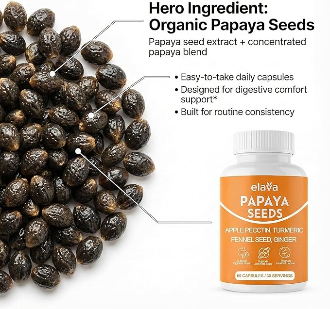 Elava Papaya Seeds Capsules Papaya Seeds Organic Digestive Herbal Blend with Turmeric Ginger Peppermint &amp Fennel Non-GMO Gluten &amp Lactose Free 60 Capsules