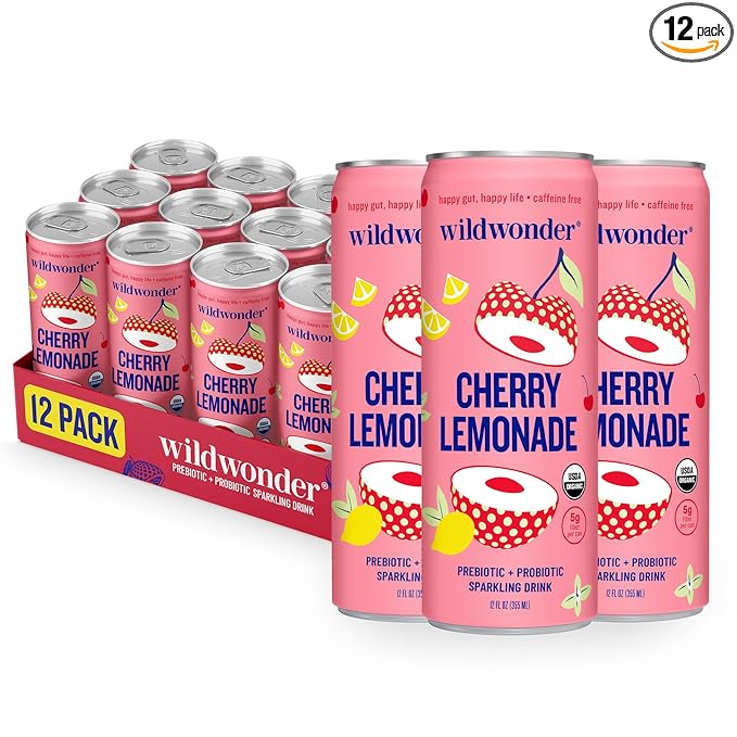 NEW! wildwonder Sparkling Probiotic Drink 12pk For Gut Health &amp Immune Support Cherry Lemonade 5g Prebiotic Fiber Live Probiotics Organic Vegan Low Sugar 12 Pack 12oz Can Seen on Shark T