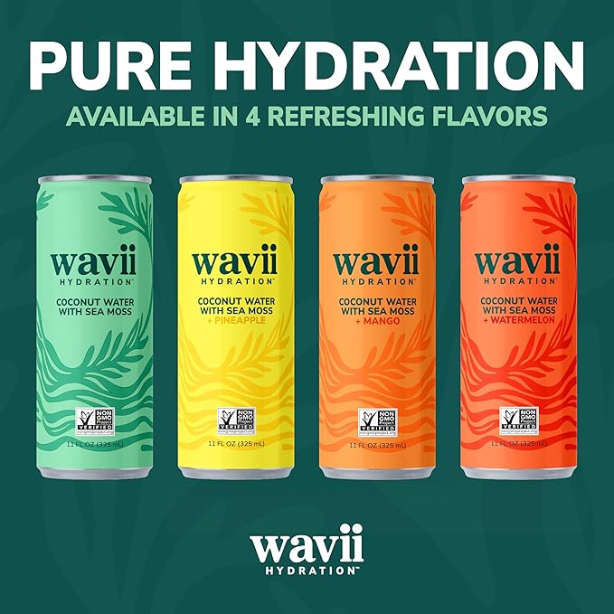 Wavii Hydration Organic Coconut Water with Organic Sea Moss plus Watermelon 11 fl oz Cans Pack of 12 – Clean Refreshing Hydration with Naturally Occurring Electrolytes No Added Sugar Non-GMO
