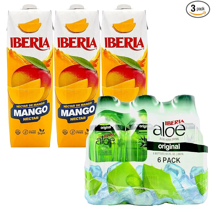 Iberia Mango Nectar 33.8 fl. oz. (Pack of 3) + Iberia Aloe Vera Drink with Pulp 9.5 fl oz Original (Pack of 6)