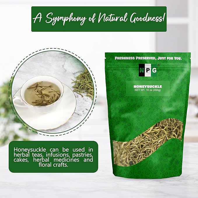 NPG Dried Honeysuckle Bulk 16 Oz Jin Yin Hua Natural Herbal Tea Sweet Floral Aroma Resealable Packaging Versatile for Relaxing Teas Traditional Dry Flower Tea