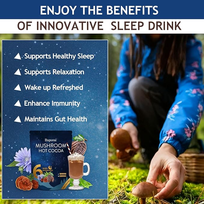 Mushroom Hot Cocoa with Melatonin Reishi L-Theanine Cocoa Powder Hot Chocolate Nighttime Drink Mix for Sleep &amp Relax - 30 Servings