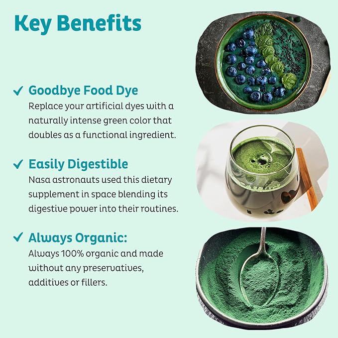 KOS Organic Spirulina Powder - USDA Certified Organic 109 Servings of Superfood Powder for Smoothies &amp Juices Non-Irradiated Blue Green Algae Plant Based with Antioxidants Vegan (13.5oz)
