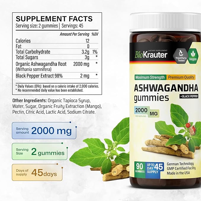 BIO KRAUTER Lemon Balm Tincture 2 Fl. Oz. &amp Ashwagandha 90 Gummies.