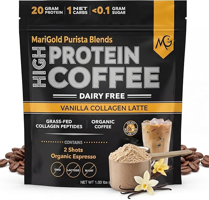 MariGold High Protein Collagen Coffee - Vanilla Collagen Latte Dairy Free 20g Grass-Fed Type I &amp III Collagen Peptides Energy Boost 2 Shots Organic Espresso Non-GMO 1 Lb Bag 15 Servings