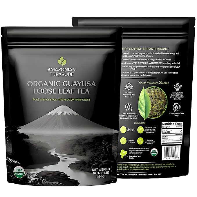 Amazonian Treasure Organic Guayusa Loose Leaf Tea 16 OZ (1LB) Smooth Energy Boost Alternative to Coffee &amp Yerba Mate 60 mg Caffeine per Serving.