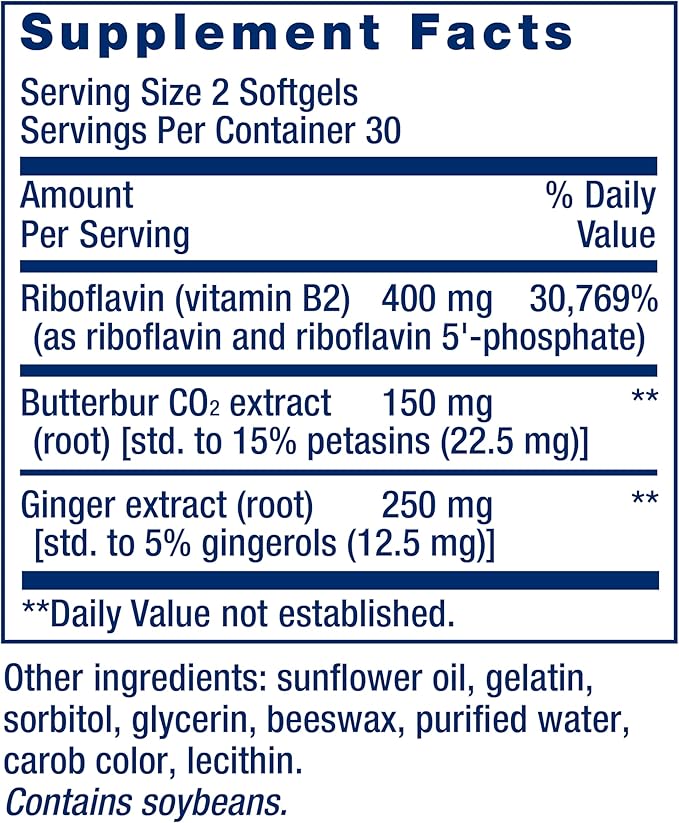 Life Extension Migra-Eeze - Butterbur Root Extract with Vitamin B2 (Riboflavin) &amp Ginger Supplement - Formula to Ease Head Discomfort - Gluten-Free — 60 Softgels