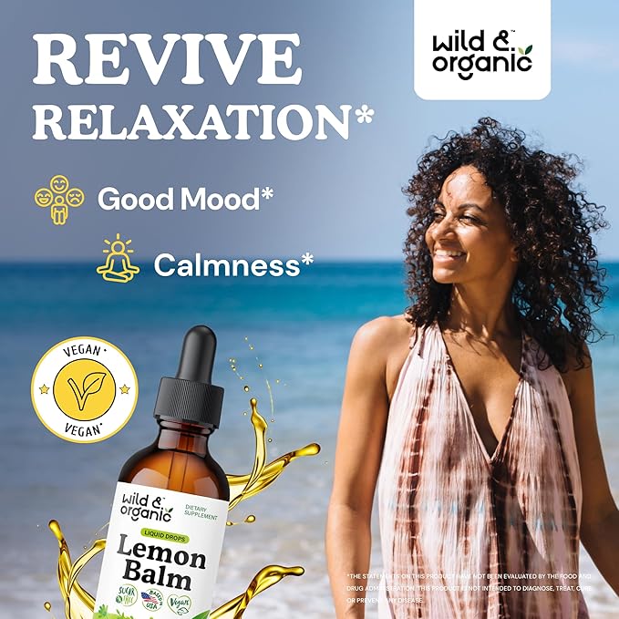 Wild &amp Organic Lemon Balm Drops - Relaxing Lemon Balm Leaf Extract Supplement - Calming Melissa Officinalis Tincture - Vegan Sugar &amp Alcohol-Free - 2 fl oz