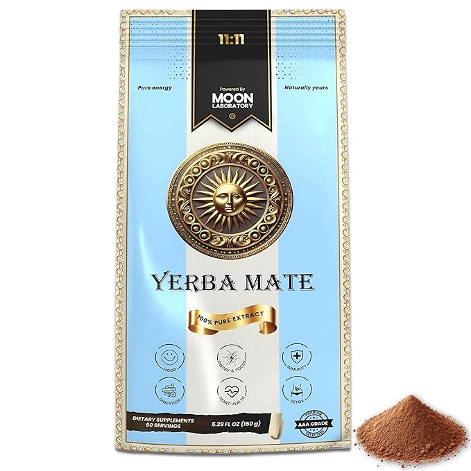 Premium Quality Yerba Mate Tea Powder – 100% Pure 10:1 Extract for Clean Energy Focus Metabolism &amp Heart Health. Antioxidant-rich Vegan Non-GMO Unroasted &amp Unflavored. 150g (60 servings)