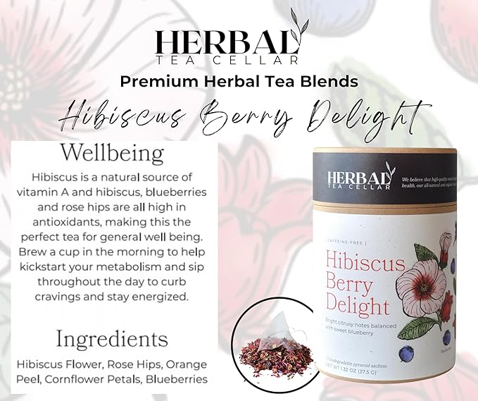 Herbal Tea Cellar Hibiscus Berry Delight – Premium Full-Leaf Organic Hibiscus &amp Blueberry Herbal Tea | Bright Fruity &amp Rich in Antioxidants | Caffeine-Free Refreshing Hydration Tea Hot or Ic