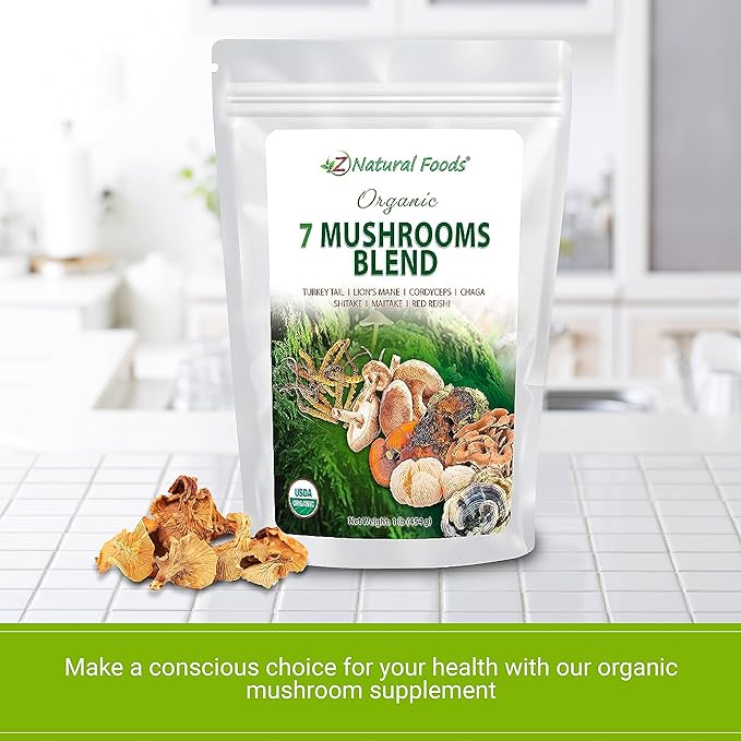 Z Natural Foods Organic 7 Sacred Mushrooms Blend - Lion’s Mane Cordyceps Chaga Red Reishi Shiitake Maitake - Organic Mushroom Powder for Coffee Smoothies 1 lb