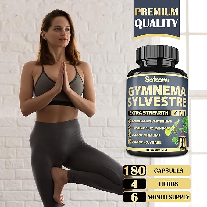 Satoomi Pure Gymnema Sylvestre Capsules Extract - 180 Capsules of 6 Month - Blended with Neem Leaf Holy Basil &amp Turmeric Curcumin Root