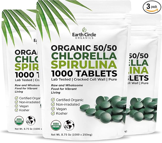 Premium Organic Chlorella / Spirulina Tablets 1000 Count (50/50) | Vegan Kosher Green Algae Superfood | Cracked Cell Wall for Maximum Absorption | High in Protein Iron Chlorophyll - Pack of 3