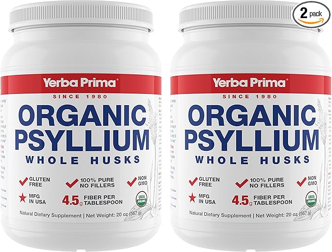 Yerba Prima Organic Whole Psyllium Husks Fiber - 20 oz (Pack of 2) - Natural Daily Dietary Fiber Supplement Colon Cleanser Regularity &amp Detox Cleansing Support Gluten Free Non GMO Vegan