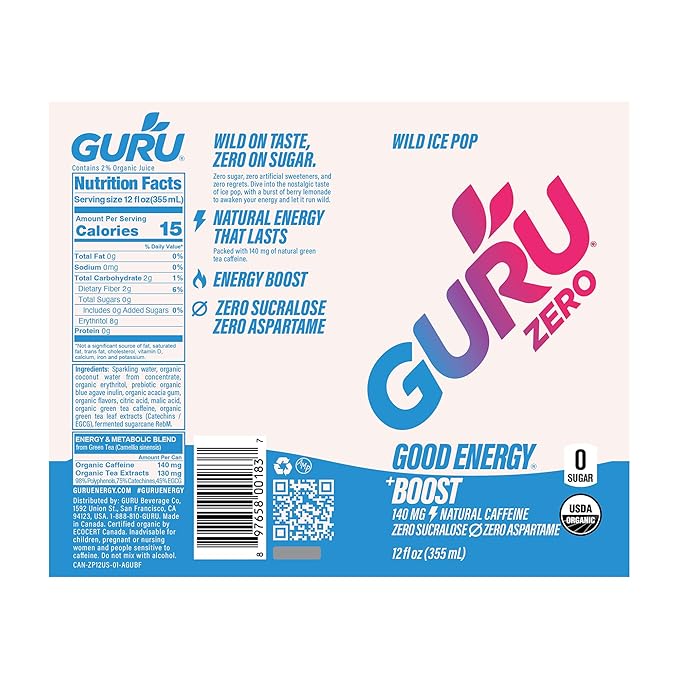 GURU ZERO SUGAR Organic Energy Drinks Variety Pack Clean Energy Drink with Plant Based Natural Caffeine from Green Tea Coconut Water Prebiotic Zero Added sugars Gluten Free and Vegan Pre Workout