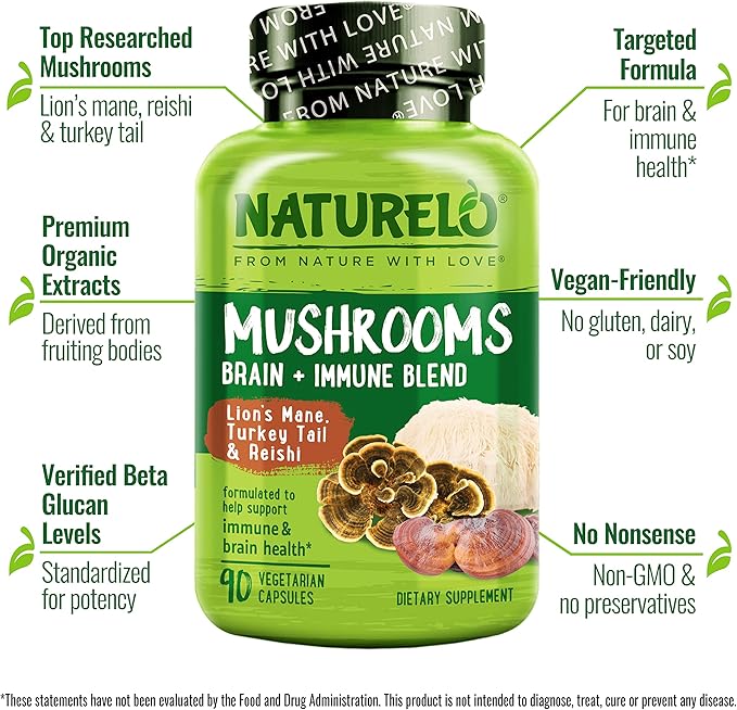 NATURELO Mushroom Supplement Capsules 90 Ct Brain &amp Immune Support Vegan-Friendly Lions Mane Supplement Capsules Lion’s Mane Reishi Turkey Tail Blend