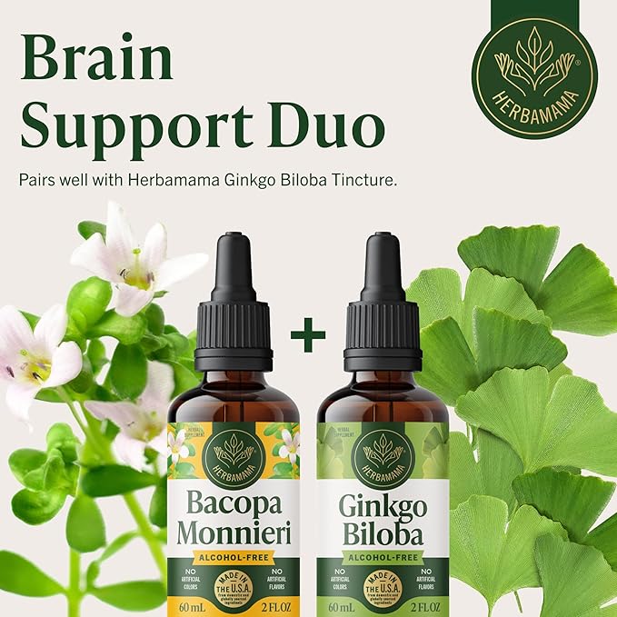 HERBAMAMA Bacopa Monnieri Supplement - Vegan Brain Focus and Clarity Support with Bacopa Extract Tincture - Non-GMO Alcohol &amp Sugar-Free Brahmi Herb Drops 84-Day Supply