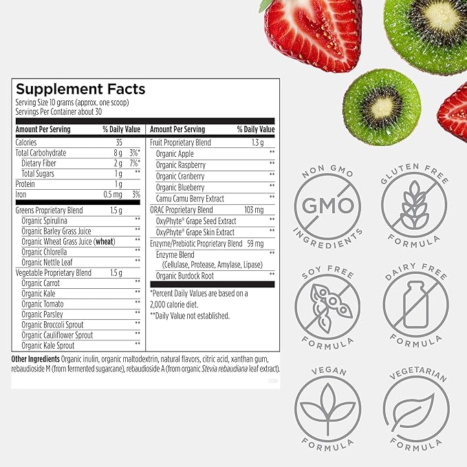 Designs for Health EssentiaGreens and Reds (Strawberry Kiwi 30 Servings) Vegan Superfood Powder with Spirulina Kale Apple &amp More for Daily Nutrition and Digestive Health