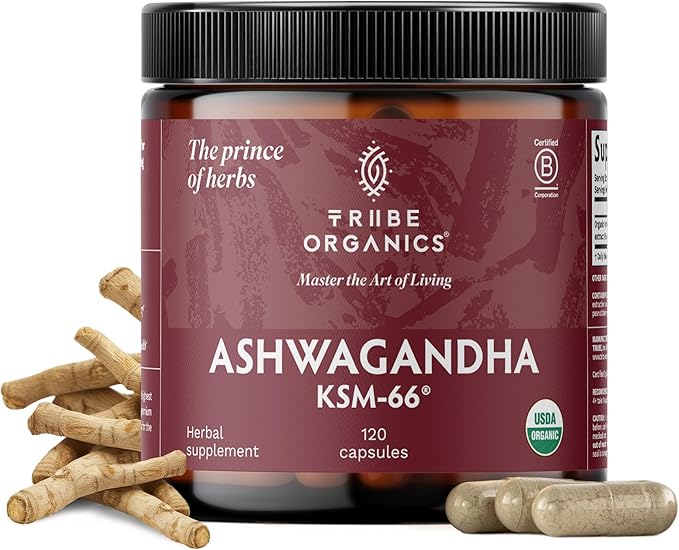 TRIBE ORGANICS Ashwagandha KSM 66 Pure Organic Root Powder Extract Ayurvedic Supplement - Focus Mood Support Increase Energy Strength 600mg of Natural KSM66 for Superior Absorption - 120 Capsules