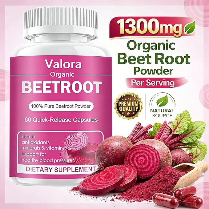 Valora Beetroot Powder Organic Beet Root Powder 1300mg Beet Root Powder Natural &amp Vegan Supplement 60 Capsules 30-Day Supply (60 Count (Pack of 1))