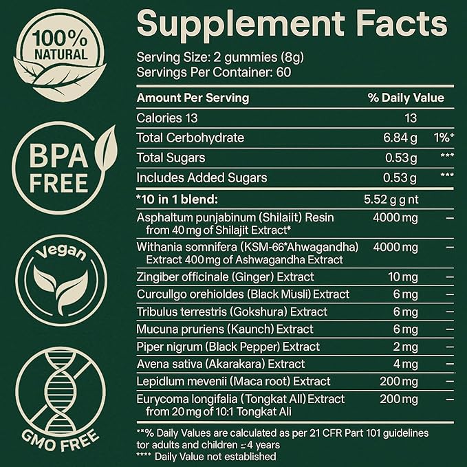 Alpha Gummies 10 in 1 for Men | 4000mg Himalayan Alpha Shilajit Gummies for Energy &amp Immune | 75% Fulvic Acid 85+ Trace Minerals Ashwagandha Gokshura | No Added Sugar Non-GMO 60 Count (1)