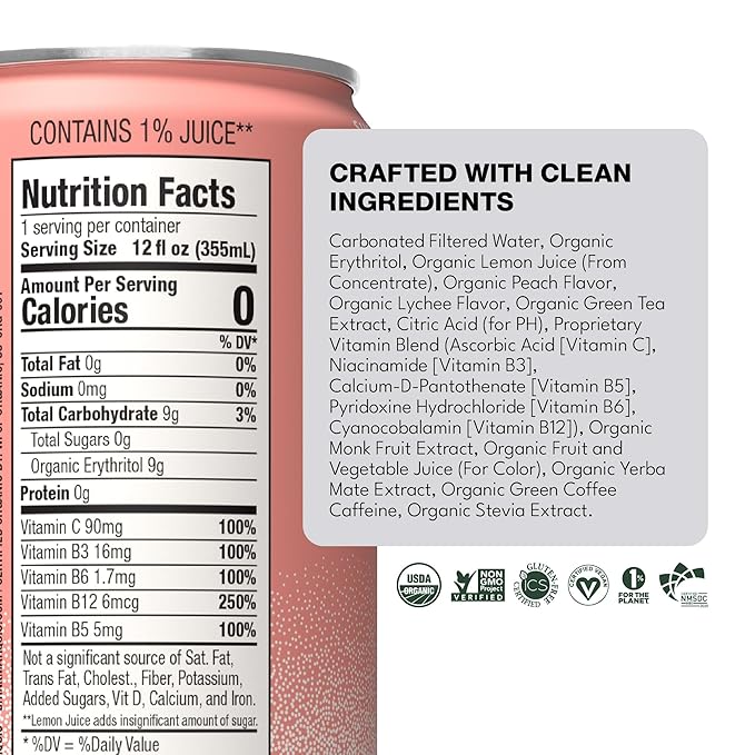 Marquis Natural Energy Drinks Sugar Free Zero Calories 100mg Organic Plant Based Caffeine Yerba Mate Green Tea &amp Green Coffee - Vitamin C &amp Bs - Lychee Peach Healthy Energy Drink - 12oz Cans