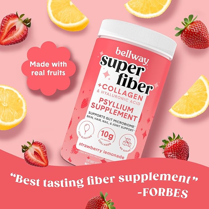 Bellway Super Fiber Powder + Collagen Sugar-Free Psyllium Husk Powder with Collagen Peptides and Hyaluronic Acid for Gut Health Healthy Skin Nails Bones &amp Joints Strawberry Lemonade (11 Servi