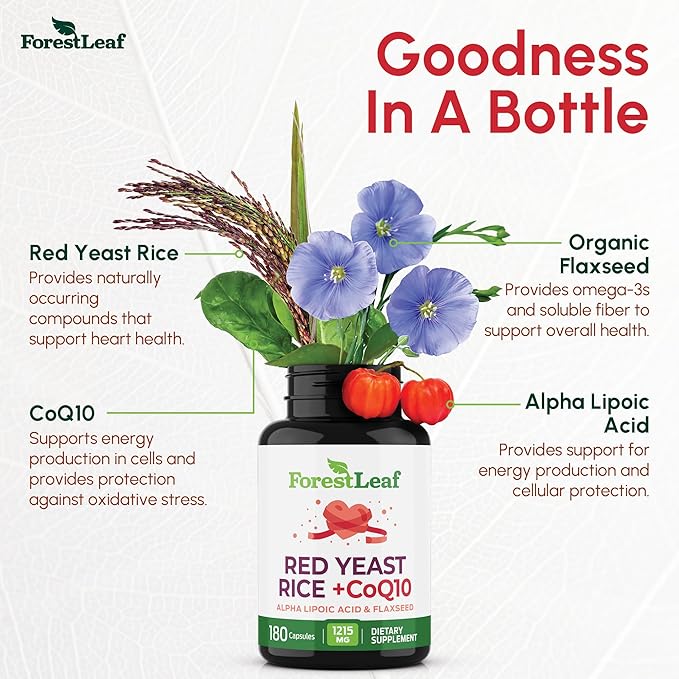 ForestLeaf Red Yeast Rice with CoQ10 Supplement - 1215mg Extra Strength Red Yeast Rice Capsules with Alpha Lipoic Acid &amp Organic Flaxseed Citrinin Free - 180 Capsules