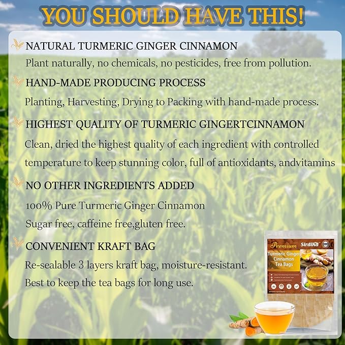 Premium Turmeric Ginger Cinnamon Tea Bags Organic Turmeric Curcumin Supplement for Joint Support100% Natural Rich in Antioxidants Hand-Made Blend No Sugar No Caffeine No Gluten Vegan. (150)