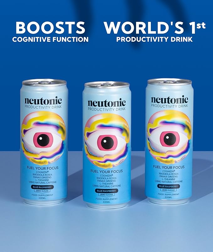 Neutonic Nootropic Productivity Energy Drink | Blue Raspberry 12 Cans | 120mg Natural Caffeine Zero Sugar | Support Memory Mental Clarity Cognitive Function | Boost Focus Energy Brain Health