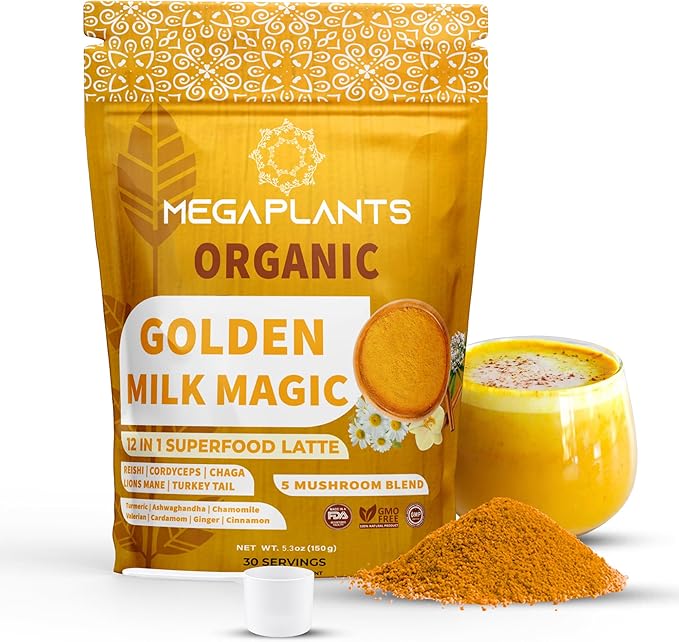 Golden Milk Magic – Adaptogenic Mushroom Golden Milk for Deep Sleep &amp Relaxation – Turmeric &amp Ashwagandha Blend for Calm Nights – Caffeine-Free Multi-Purpose Wellness Drink – 30 Servings