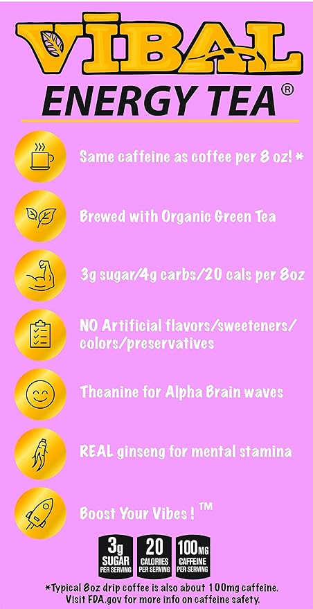VIBAL ENERGY TEA Tropical Punch 16 Fl Oz 6-Pack Natural Energy High Caffeine Ginseng Theanine Low Sugar Low Carb Low Calorie Adaptogens Nootropics