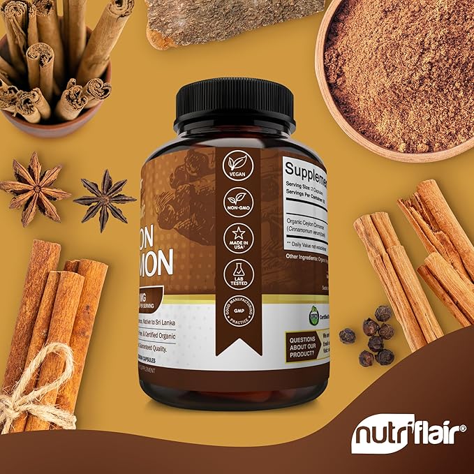NutriFlair Organic Ceylon Cinnamon Supplement 1200mg 120 Capsules - USDA Certified - Non-GMO Gluten Free Powder Antioxidant Pills