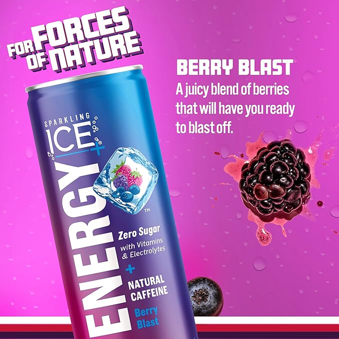 Sparkling Ice +ENERGY Berry Blast &amp Sparkling Ice +ENERGY Power Punch &amp +Energy Maximum Mango Sparkling Water with Vitamins &amp Electrolytes Zero Sugar 12 fl oz Cans (Pack of 12 Each)