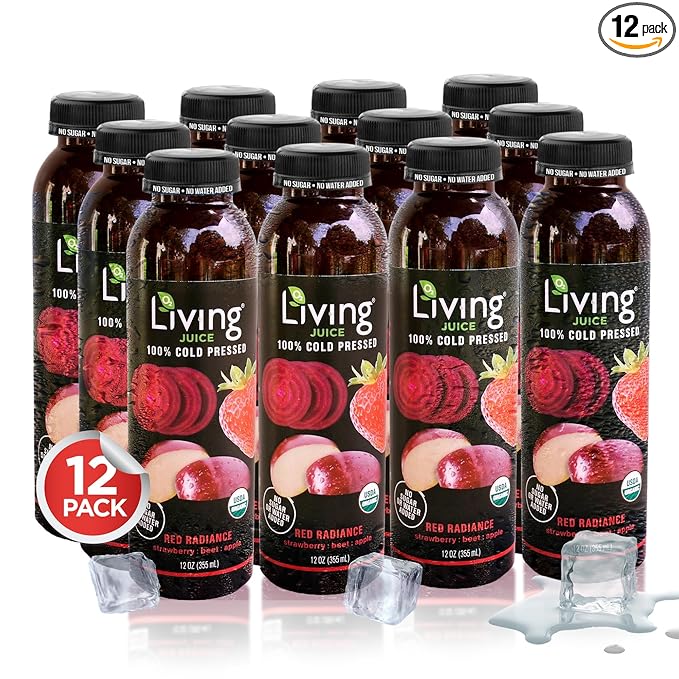 O2 Living Juice Cold Pressed Drink - Red Radiance Organic Juice Pack - No Added Sugar or Water Naturally Sweetened from Fruits Rich in Nutrients &amp Vitamins - Refreshing &amp Non-GMO - 12 fl oz