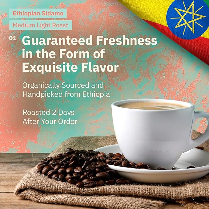 Ethiopian Sidama Ground Coffee - Single Origin Medium Light Roast Freshly Roasted To Order Ground Coffee Specialty Grade Fair Trade and Non-GMO Chocolate and Fruity Notes - 12 oz