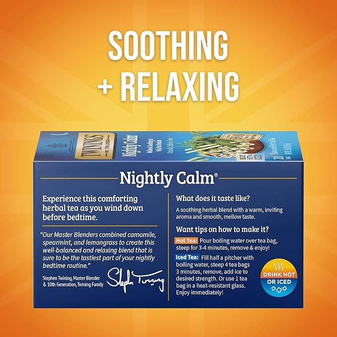 Twinings Nightly Calm Herbal Tea Individually Wrapped Bags 20 Count (Pack of 6) Spearmint &amp Lemongrass Naturally Caffeine-Free Enjoy Hot or Iced 120 Teabags