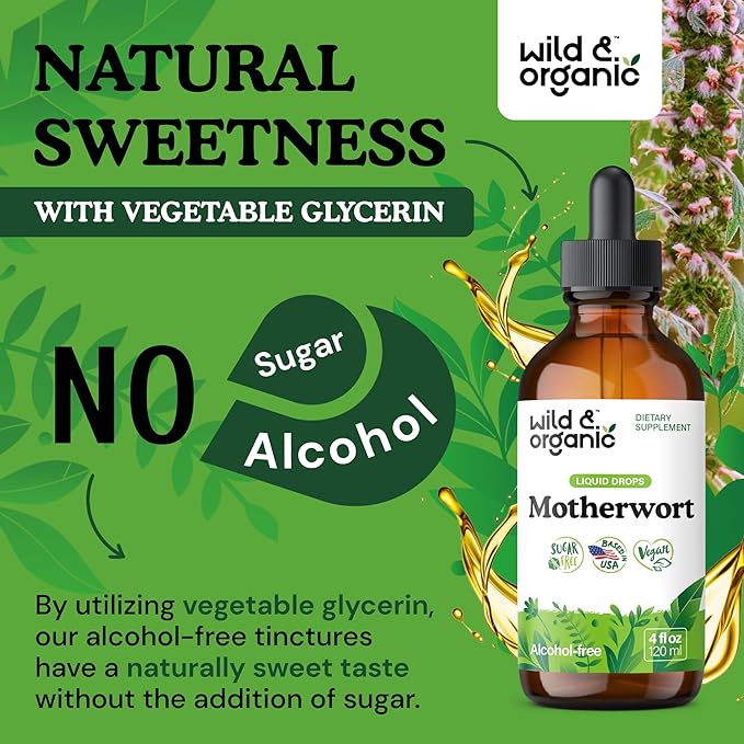 Wild &amp Organic Motherwort Tincture - Good Mood Calmness Overall Support - Supplements for Women with Motherwort Herb - Vegan Sugar &amp Alcohol-Free Extract Drops - 4 fl oz