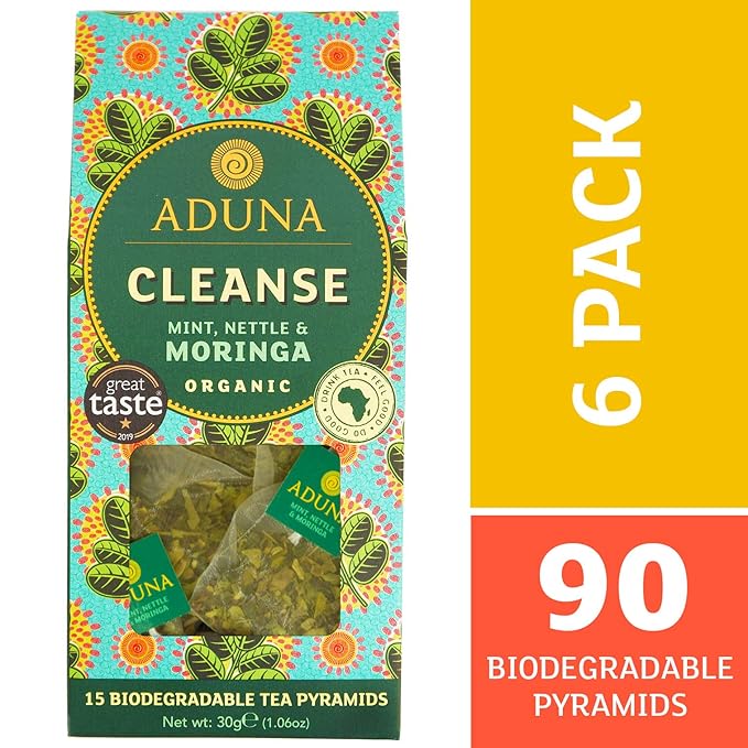 Aduna Organic Cleanse Moringa Super Tea | Natural Caffeine-Free Herbal Infusion With Moringa Peppermint &amp Nettle | Superfood Tea for Digestion &amp Gut Support | 15 Biodegradable Pyramid Bags x