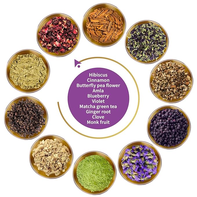 FunctionaliQi Fairy Dust Butterfly Pea Flower Matcha Green Tea Powder with Amla Hibiscus Ginger Monk Fruit Clove Blueberry Violet - Good for Skin Health Natural and Sugar-free (12 Pack)