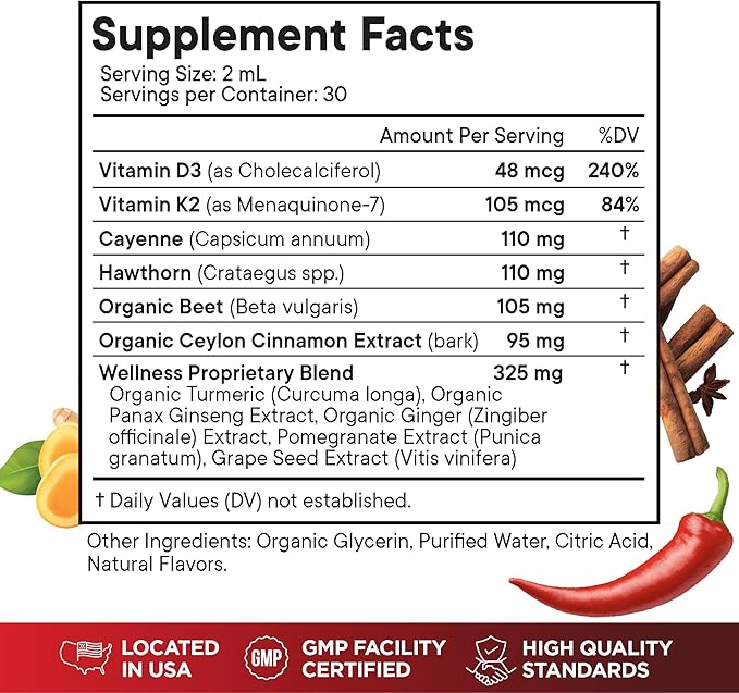 Cayenne Pepper Supplement Liquid Drops + Hawthorn Berry Vitamin D3 K2 Beet Root Powder Ceylon Cinnamon Turmeric Curcumin Organic Panax Ginseng - 6 OZ