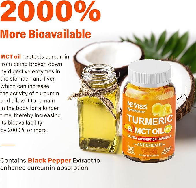 Turmeric Gummies 1000mg w/MCT Oil C8 C10 Organic Antioxidant Turmeric Curcumin Supplement with Black Pepper Extract Support Comfort Boost Energy Ultra Absorption Sugar Free 60 Cts