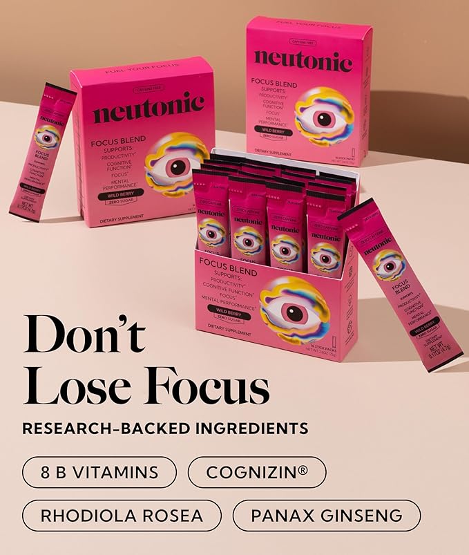 Neutonic Nootropic Focus Blend Powder | Wild Berry 16 Sticks | Caffeine Free Zero Sugar | Support Memory Mental Clarity Cognitive Function | Boost Focus Energy Brain Health
