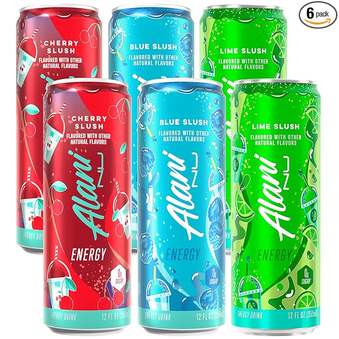 Alani Energy Drink Variety Pack – Sugar Free Low Calorie Energy Drinks – Assorted Flavors – 12 fl oz Cans (Pack of 6) (Cherry Slush Blue Slush Lime Slush.)