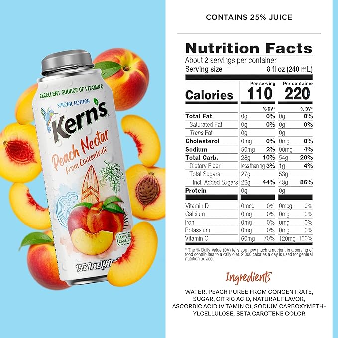 Kern’s Peach Nectar Lata Botella - Made with Fresh Fruit Puree &amp Peach Juice Concentrate for Fruit Smoothie Mix Cocktail Mixers &amp Kids Beverages - 15.5oz 12 Pack Resealable Juice Bottles