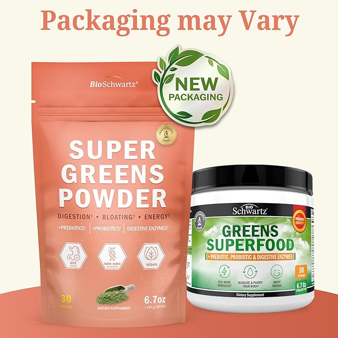 Super Greens Powder Superfood - Greens Powder with Probiotics Prebiotics Digestive Enzymes and 43 Green Superfoods - Chlorophyll Bilberry Chlorella Spirulina Grass - Tastes Amazing - 30 Servings